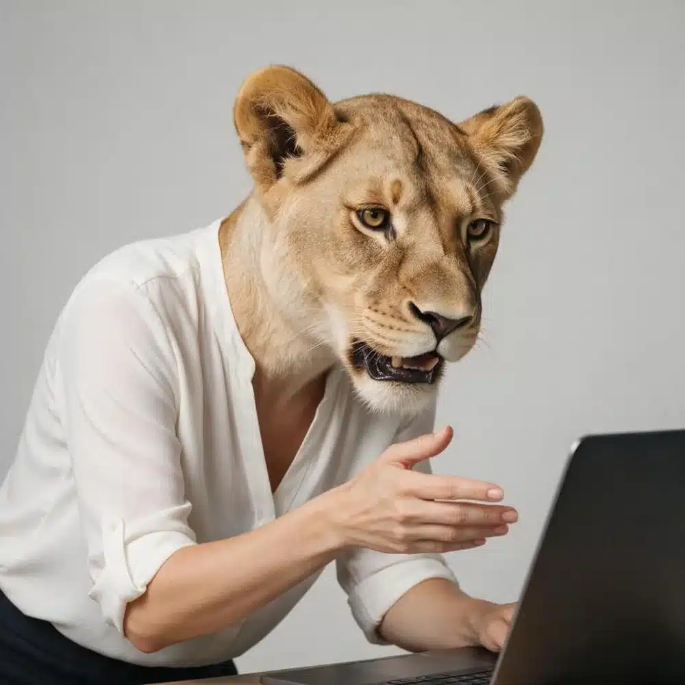Empresaria con cabeza de leona trabajando en una laptop